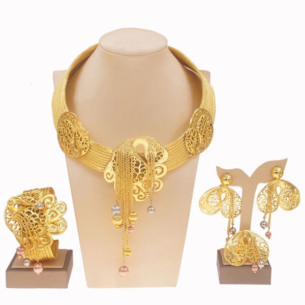 Ensembles de bijoux plaqués en or brésilien pour femmes luxueuses dîner de mariage boucles d'oreilles matériaux en cuivre sans changement de couleur 240511