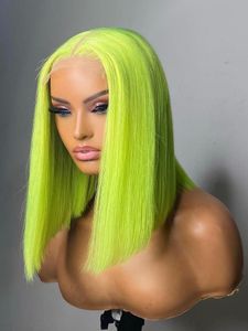 Perruque Bob Lace Front Wig brésilienne naturelle, cheveux courts et lisses, sans colle, couleur verte, pour femmes