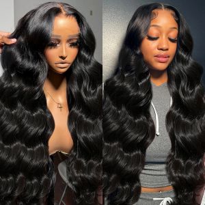 Braziliaans haar 30 40 inch Body Wave 13x4 HD Transparant Kant Frontale Pruik 360 Kanten Voorkant Pruik Lijmloos Zwart Synthetische Sluiting Pruik