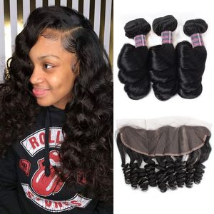 Brésilien 3Bundles 8-28 pouces Dentelle Frontal Indien Lâche Vague Vierge Extensions de Cheveux Péruvien Bundles de Cheveux Humains Avec Fermeture