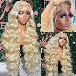 Cheveux brésiliens 613 miel blond couleur 13x4 HD dentelle transparente frontale perruques vague de corps 30 pouces synthétique dentelle avant perruque pour les femmes