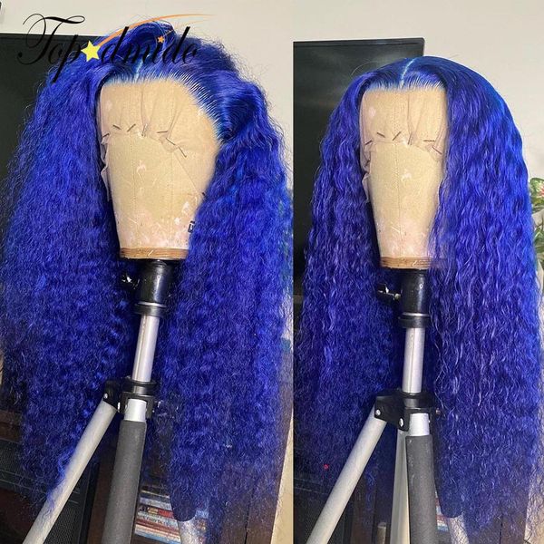 Cheveux brésiliens couleur bleue bouclés perruques de cheveux humains avec délié pré-plumé sans colle synthétique dentelle avant perruque dentelle fermeture perruques