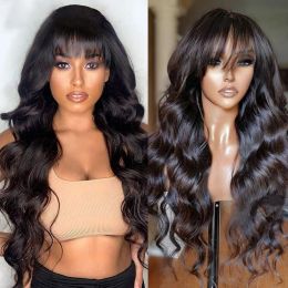 Perruque Lace Front Wig Body Wave brésilienne synthétique noire, perruque Lace Front Wig avec frange, pre-plucked, 13x4, sans colle