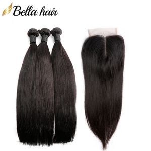 Braziliaanse maagdelijke haar sluiting haarbundels met kanten sluiting middelste deel zijdeachtige rechte natuurlijke kleur 8-34 inch bellahair