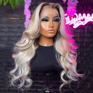 Braziliaanse Haar Ombre Ash Blonde Body Wave Lace Front Pruik Transparante HD 360 Kant Frontale Pruik voor Vrouwen Hittebestendige Synthetische Pruik Preplucked