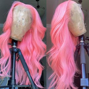 Cheveux brésiliens couleur rose perruque avant en dentelle transparente vague de corps perruques frontales en dentelle pour femmes gris/blond/rouge/point culminant perruques synthétiques