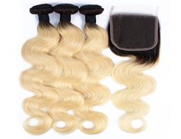 Cheveux brésiliens T1B613 Extensions blondes 1028 pouces cheveux ondulés 3 paquets avec fermeture à lacets partie centrale Ombre cheveux humains 2423951