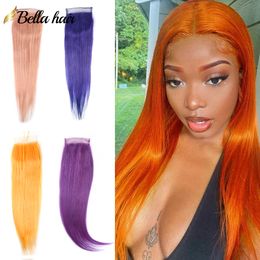 Fermeture en dentelle de cheveux humains rose argenté gris bleu violet 99J rouge orange 4x4 100% fermeture de cheveux humains vierges faits à la main avec des cheveux de bébé vague de corps en soie droite Bella Hair