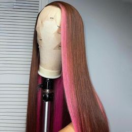 Brésilienne HD dentelle marron rose 13x4 droite dentelle frontale perruque pour les femmes rose surbrillance corps dentelle avant Simulation perruques de cheveux humains