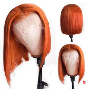 Perruque Bob Lace Front Wig Remy brésilienne lisse, cheveux naturels, coupe courte, couleur Orange, Transparent HD, 13x6, Choshim, pour femmes noires