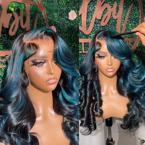 Perruque Lace Front Wig Body Wave brésilienne à reflets bleus, perruque Lace Frontal transparente HD pour femmes, perruque de Cosplay synthétique noire/rouge/blonde pré-épilée