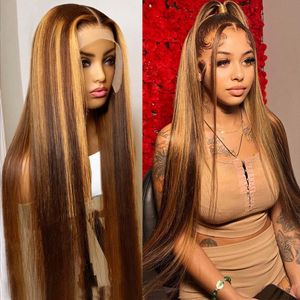 Perruque Lace Front Wig naturelle brésilienne à reflets bruns, cheveux humains lisses, pre-plucked, couleur blond miel, bon marché, pour femmes