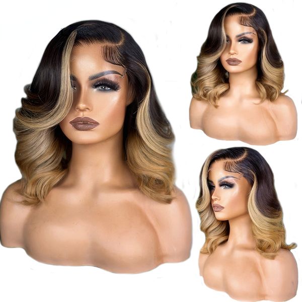 Brésilien Highlight Honey Blonde Body Wave Court Bob Perruque Sans Colle Ombre Simulation Cheveux Humains 360 Full Lace Front Perruques Pour Les Femmes