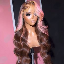 Perruque Lace Front Wig 360 synthétique brésilienne à reflets roses et bruns, cheveux naturels pré-épilés, dentelle transparente, perruque frontale pour femmes