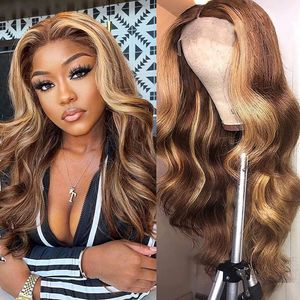 Braziliaanse hoogtepunt Wig Long 36inches Body Wave Lace voorpruiken voor vrouw ombre blond kant vooraan voorpruik synthetisch hittebestendig