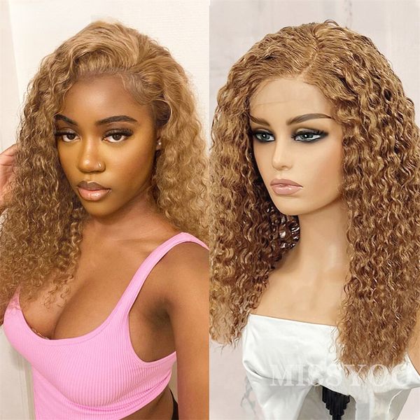 Brésilien Honey Blonde Deep Curly Lace Front Wig 13X4 HD Lace Frontal Wigs Brown Blonde Highlight Curly Short Bob Perruque synthétique pour les femmes noires
