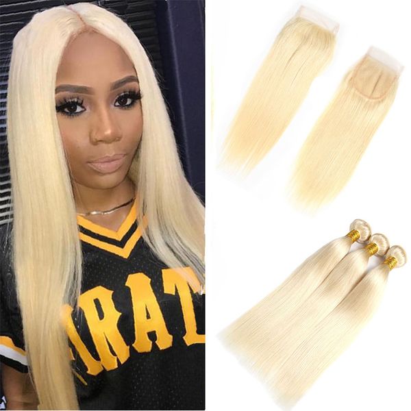 Faisceaux brésiliens de cheveux raides blond miel avec fermeture en dentelle colorés 613 tissages de cheveux humains blond platine avec fermetures en dentelle complète 4X4