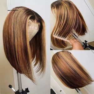 Cheveux humains brésiliens 13X4 Lace Front Bob perruque P4/27 Silky Straight 150% 180% 210% Densité Piano Couleur 10-16 pouces