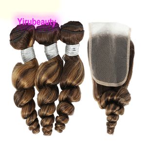 Cheveux humains brésiliens 3 paquets avec fermeture à lacets 4X4 P4/27 couleur piano vague lâche 4 pièces péruvien indien malaisien bouclé