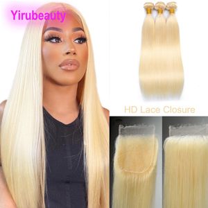 Brésiliens Human Hair 4 PCS / Lot Couleur blonde 3 paquets avec HD 5x5 Clôture en dentelle Pièce gratuite Silky Straight Body Wave Hair Products 613 #