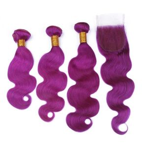 Braziliaanse menselijk haarbundels met sluiting Shining Selling Purple Body Wave 3 bundels met vetersluiting78835009715441