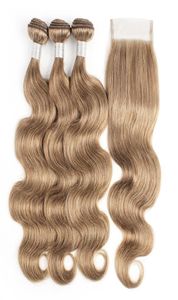 Brasileño Human Hair Bundles with Closure 8 Ash rubia ola de cuerpo 4 paquetes con 4x4 cierre de encaje Remy Extensiones de cabello humano6928686