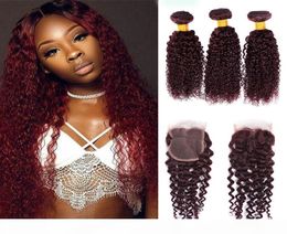 Bounchles brésiliens à cheveux humains avec fermeture en dentelle 3 paquets 99J Bourgogne Bourgogne Curly Wave avec fermeture cheveux brésiliens avec 4x4 dentelle C4109833