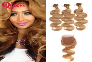 Faisceaux de cheveux humains brésiliens avec fermeture en dentelle 27 trames de cheveux vierges blond miel avec fermeture en dentelle noeuds blanchis vague de corps Blond9761318