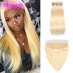 Braziliaanse menselijke haaruitbreidingen 3 bundels met 13x4 kanten frontaal 613# blonde kleur zijdezacht rechte 4 pc's/kavel gratis onderdeel 10-30 inchch