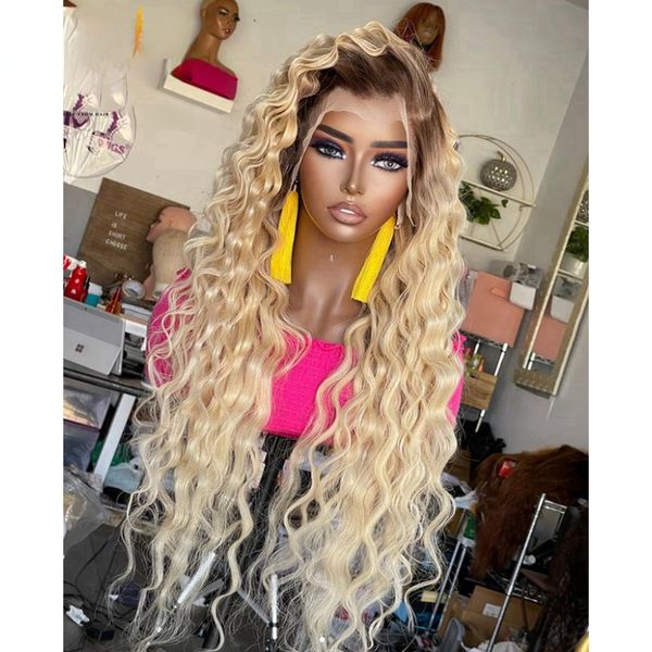 Peluca de pelo humano brasileño HD transparente, peluca con reflejos rubios miel, pelucas con malla Frontal para mujer, peluca Frontal de encaje de onda profunda sintética