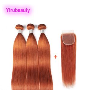 Braziliaanse mensenhaar Peruaanse Indiase rauwe maagdelijke haaruitbreidingen Dubbele inslag met gratis deel 4x4 kanten sluiting Ginger kleur 10-28inch