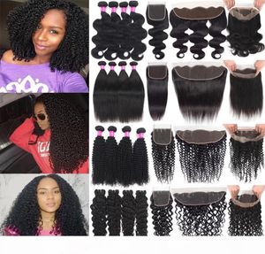 Braziliaanse mensenhaarovereens met sluiting Deep Wave Curly Virgin Hair Bundels met 13x4 kanten frontaal menselijk haarweefsels met 360 Lace6596905