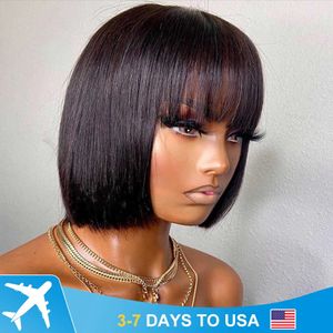 Brésilien Human Hair with Bangs Remy Hair raide Bob Wigs Machine complète faite pour les femmes 8-16 pouces pas de lace Bob Wigs 240430