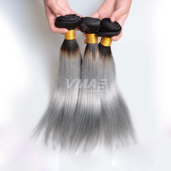 VMAE Brésilien Indien Raides gris Cheveux Humains Tisse 3 pcs/lot Ombre 1b/gris Vierge Argent Gris Mélange Couleur