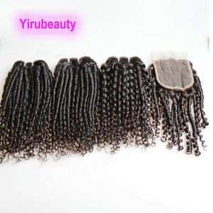 Braziliaanse Human Virgin Hair 3 Bundels Met 4X4 Vetersluiting Funmi Hair Weave Bouncy Fumi Curl 10-26inch Natuurlijke Kleur