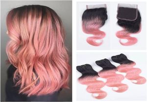 Brésilien Human Virgin Hair Two Tone 1B Rose Roud Hair Bundles with Lace Fermeure ombre Pink Hair with Close 44 Lace Top Close4813536