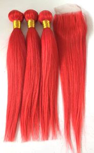 Trame de cheveux humains vierges brésiliens couleur rouge tisse double tirage 3 faisceaux avec fermeture pour tête complète