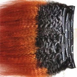 Braziliaans Menselijk Virgin Kinky Straight Hair Inslag Ombre 1B / Rood Weeft Onverwerkte Dubbel getrokken Clip in Extensions