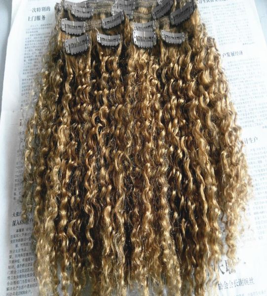 Extensiones de cabello brasileño virgen Remy Clip Ins trama de cabello rubio oscuro extensiones de cabello rizado rizado doble dibujado grueso We1722705