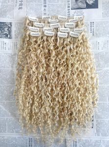 Trame de cheveux bouclés remy vierge humaine brésilienne boucle naturelle tisse blonde non transformée 613 # double clip dessiné dans les extensions