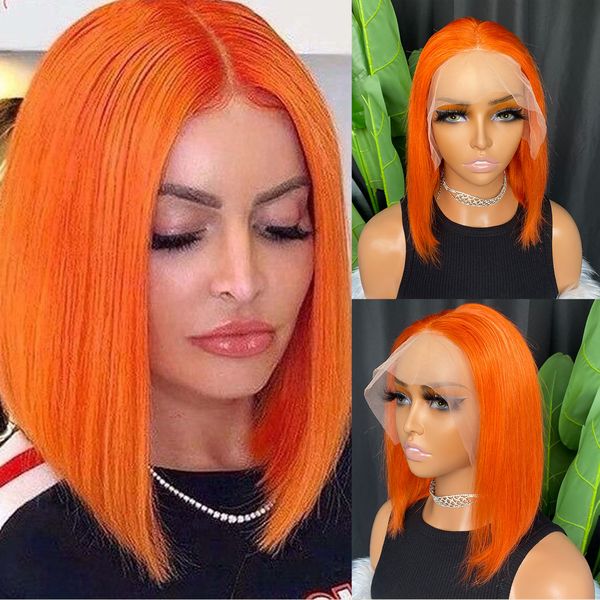 Perruque de cheveux humains indiens brésiliens Orange droite 13x4 dentelle transparente Fronta Bob perruque avec des femmes noires