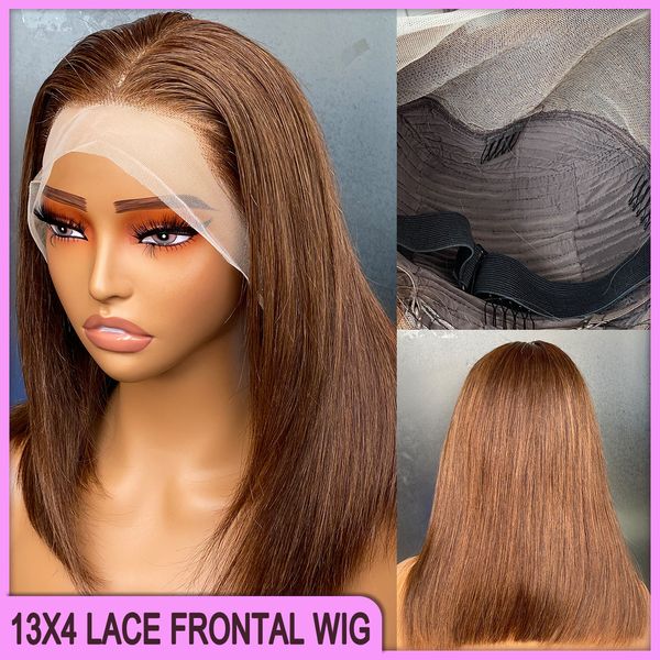Perruque Bob Lace Frontal Wig Remy brésilienne indienne péruvienne, cheveux naturels bruts, bruns et soyeux, lisses, 13x4, 100%