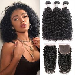 Brésilien jerry 3bundles avec 4x4closure cheveux mélangés Raw Curly Human Hair Bundles 30 32 34 36 38 pouces Weave pieces