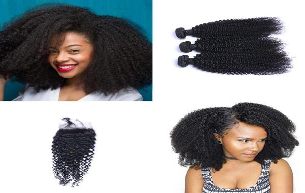 Bundles de cheveux brésiliens crépus bouclés avec fermeture au milieu 3 parties double trame extensions de cheveux humains teintables cheveux humains DHL Shippin4019265