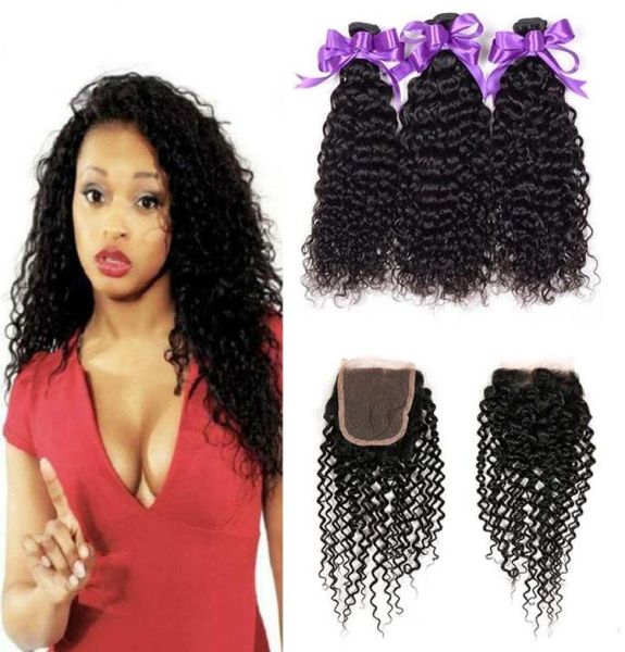 Brésilien Crépus Bouclés Cheveux Humains 3 Bundles Avec 4x4 Dentelle Fermeture Pas Cher Brésilien Bouclés Vierge Extensions de Tissage de Cheveux Humains Avec Clo2819200