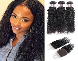 Braziliaanse Kinky Krullend Golf Menselijk Haarbundels Met Sluiting Peruaanse Virgin Hair Extensions 828 inch Natuurlijke Kleur Ishow Haar Inslagen5843293