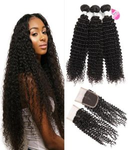 Brésilien Crépus Bouclés avec Fermeture 10A Non Transformés Brésiliens Vierges Profondes Bouclés Faisceaux de Cheveux avec 44 Moyen 3 Partie Fermeture66766596861227