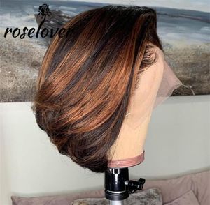 Brésilien Brésilien Curlystraight Short Bob 131 Simulation de fermeture de refroidissement Highlight Simulation Human Synthetic Ombre Brown Wigs for Black WOM3893918