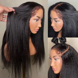 Peluca frontal de encaje brasileño rizado recto 360 HD simulación de cabello humano sin pegamento Yaki 13x4 pelucas delanteras de encaje negro para mujeres prearrancadas