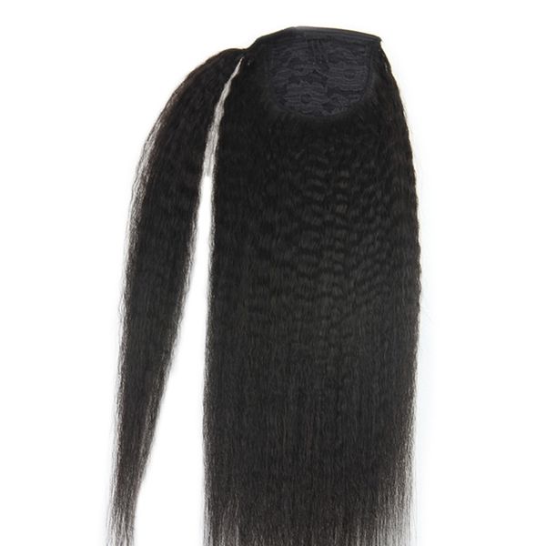 Extensions de queue de cheval de cheveux humains Yaki droits brésiliens crépus noir naturel 1b clip en poney avec cordon de serrage 12-24 pouces (14 